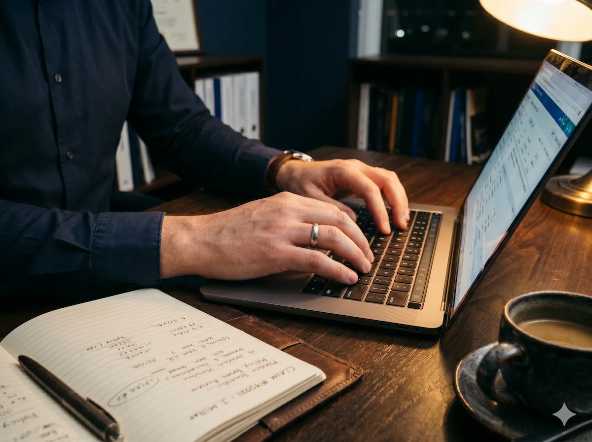 Insurance broker's hands filling out a quote form at a desk