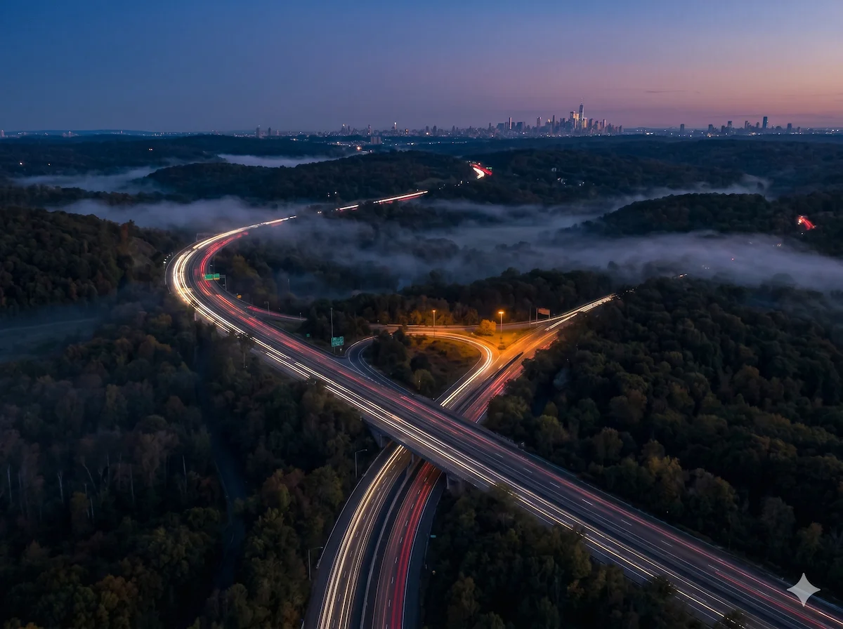 Aerial view of a northeastern US highway at dusk with the Manhattan skyline in the distance